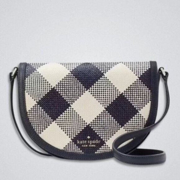 kate spade Handbags - Kate Spade New York Luna Crossbody Bag Gingham Woven Straw Crescent Blue/ White